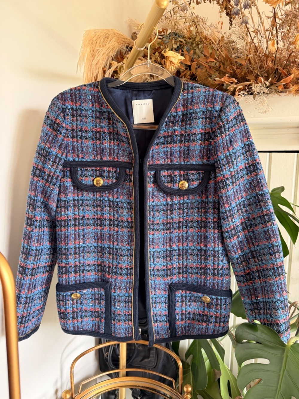Sandro Blue and Pink Tweed Jacket with Gold Buttons